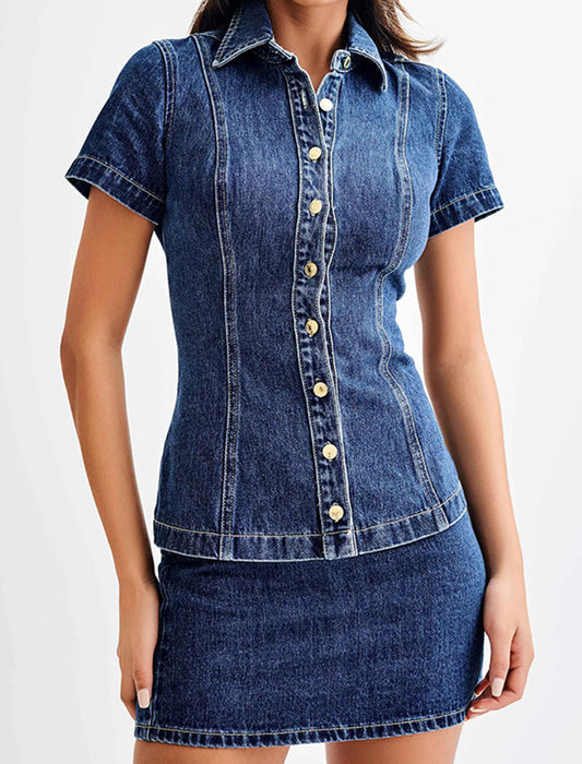 Short Sleeve Button-Up Denim Skirt Set