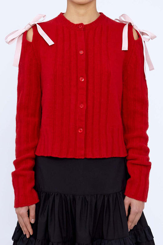 Ribbed Knit Cardigan with Bow Details