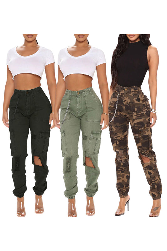 High-Waisted Distressed Cargo Pants