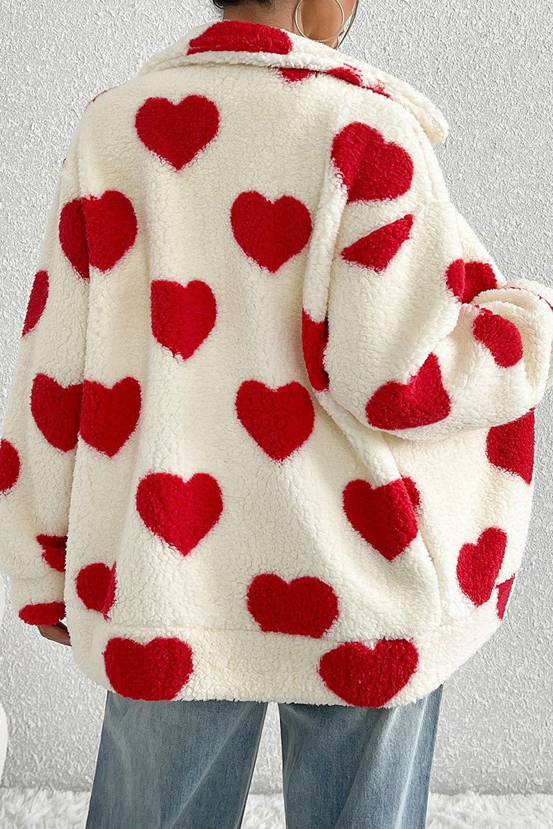 Heart Print Fleece Zip-Up Jacket