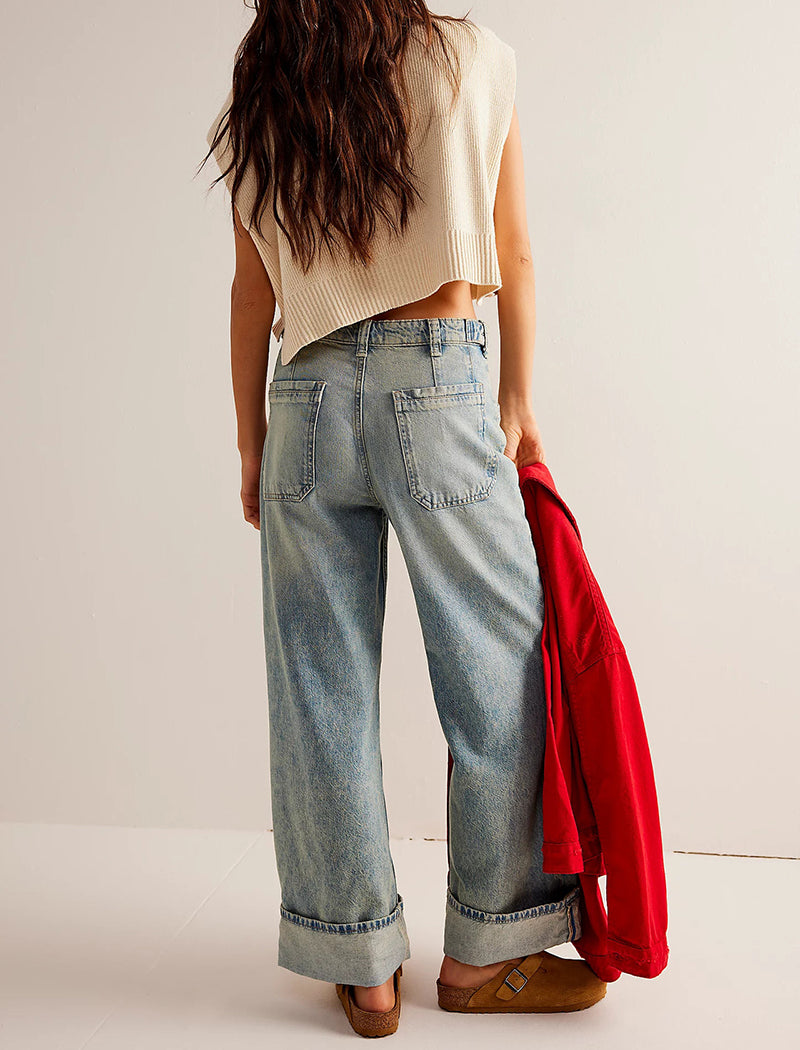 Buttoned Straight-Leg Denim Pants