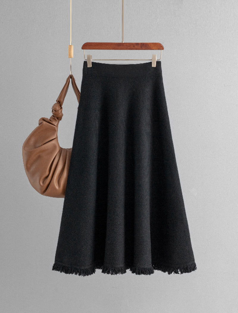 Fringed Hem A-line Midi Skirt