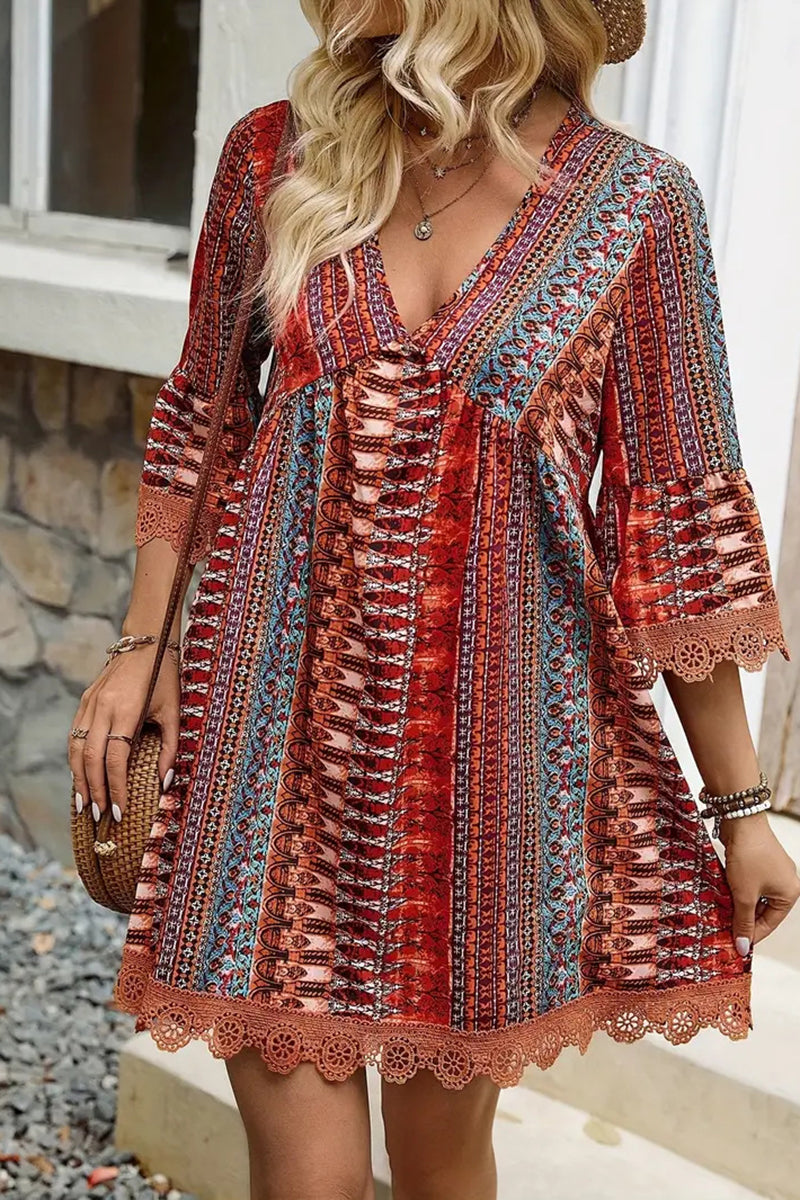 V-Neck Printed Casual Mini Dress