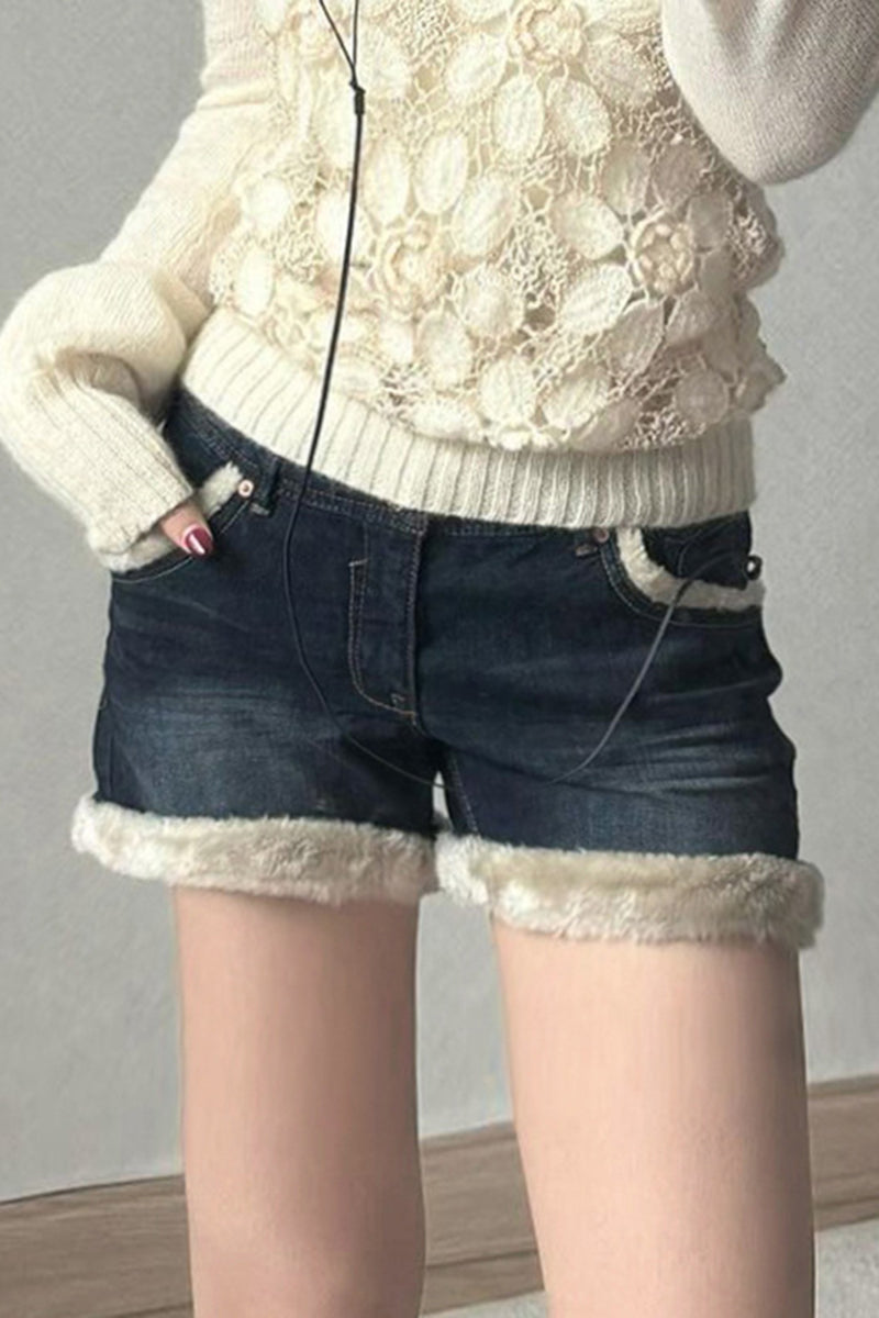 Faux Fur Trimmed Denim Shorts