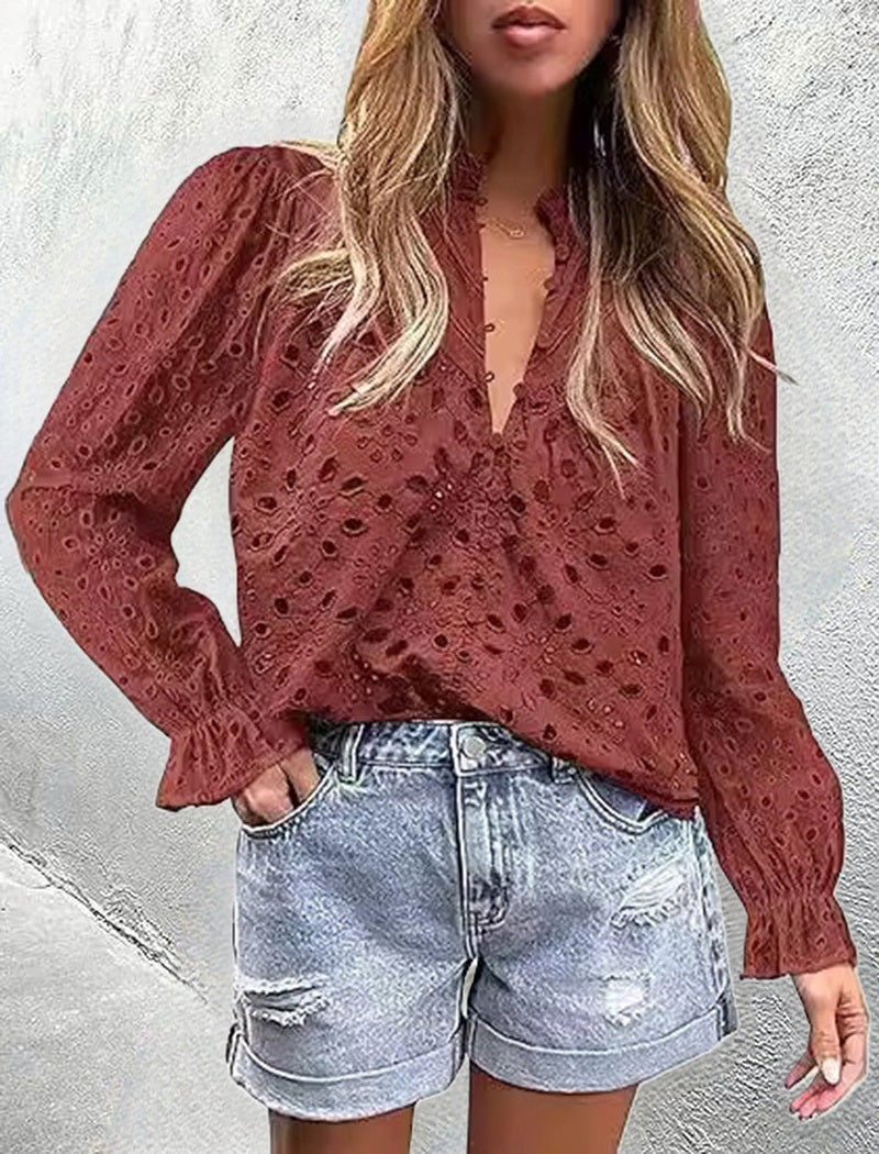 Bell Sleeve V-Neck Lace Top