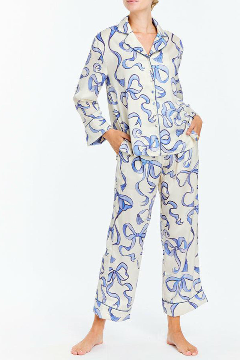 Ribbon Print Button-Up Pajama Set