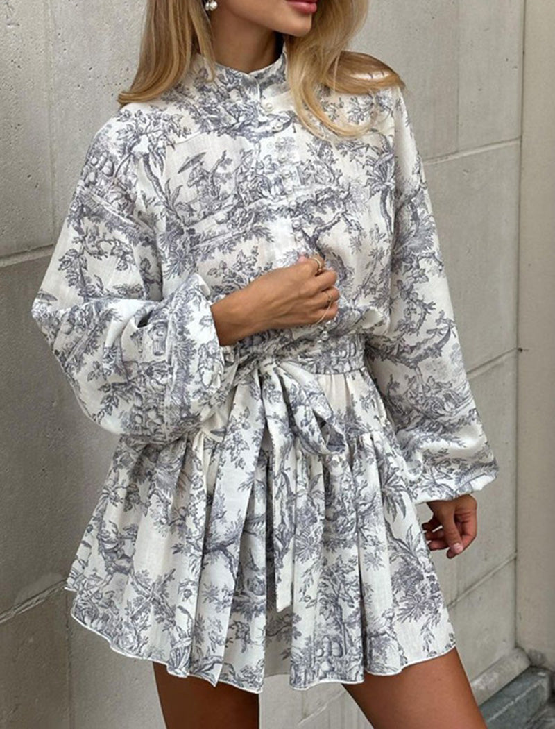 Printed Puff Sleeve Tie Mini Dress