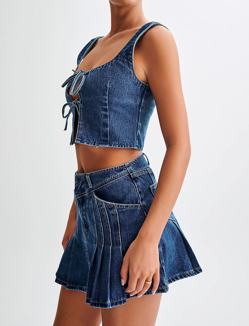 Tie-Front Denim Top with Mini Skirt Set