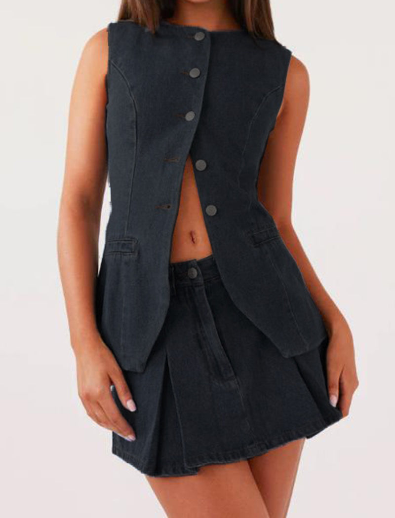 Sleeveless Buttoned Denim Skirt Set