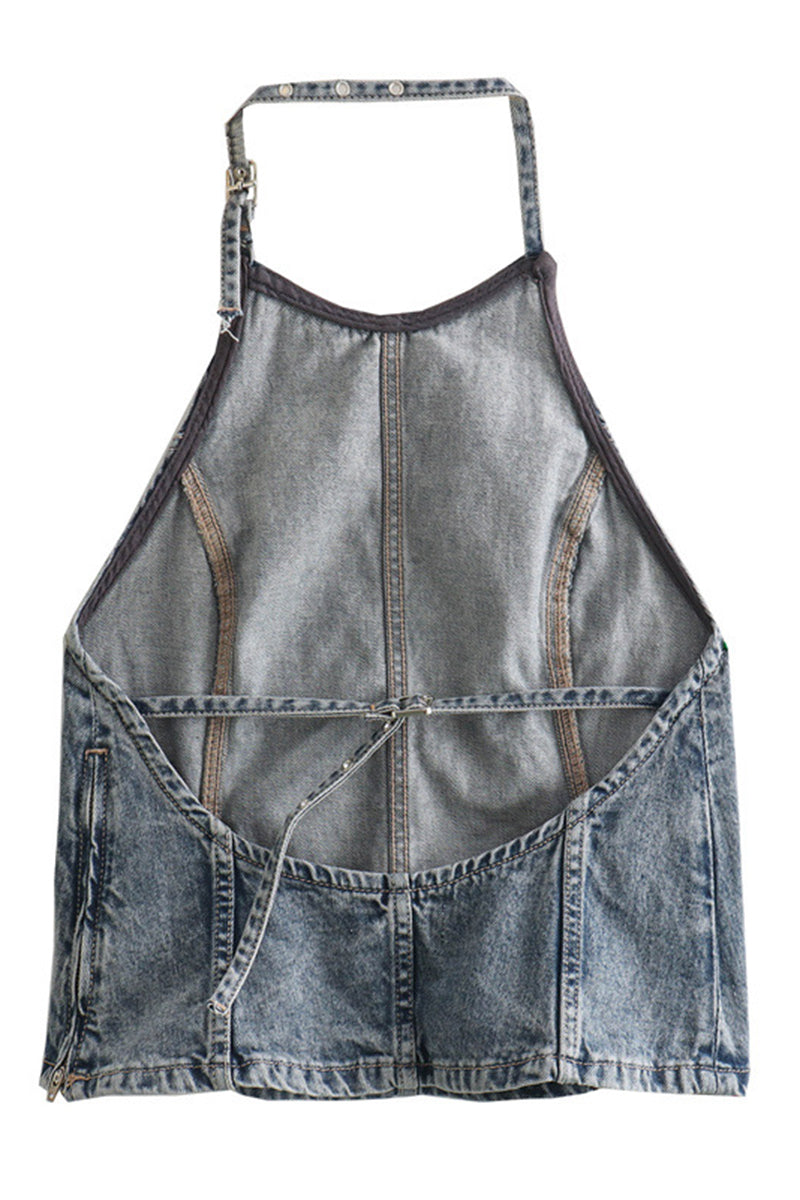 Denim Halter Backless Top