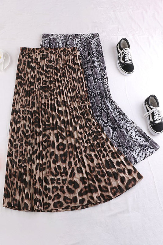 Animal Print Pleated Midi Skirt