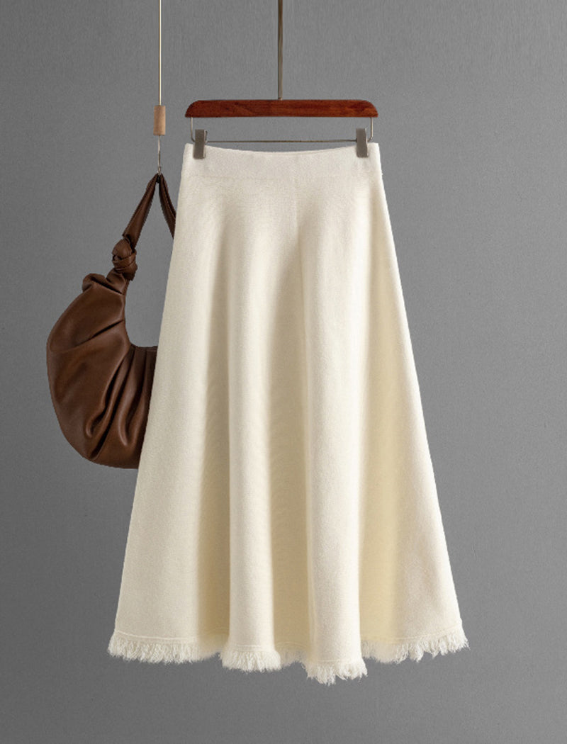 Fringed Hem A-line Midi Skirt