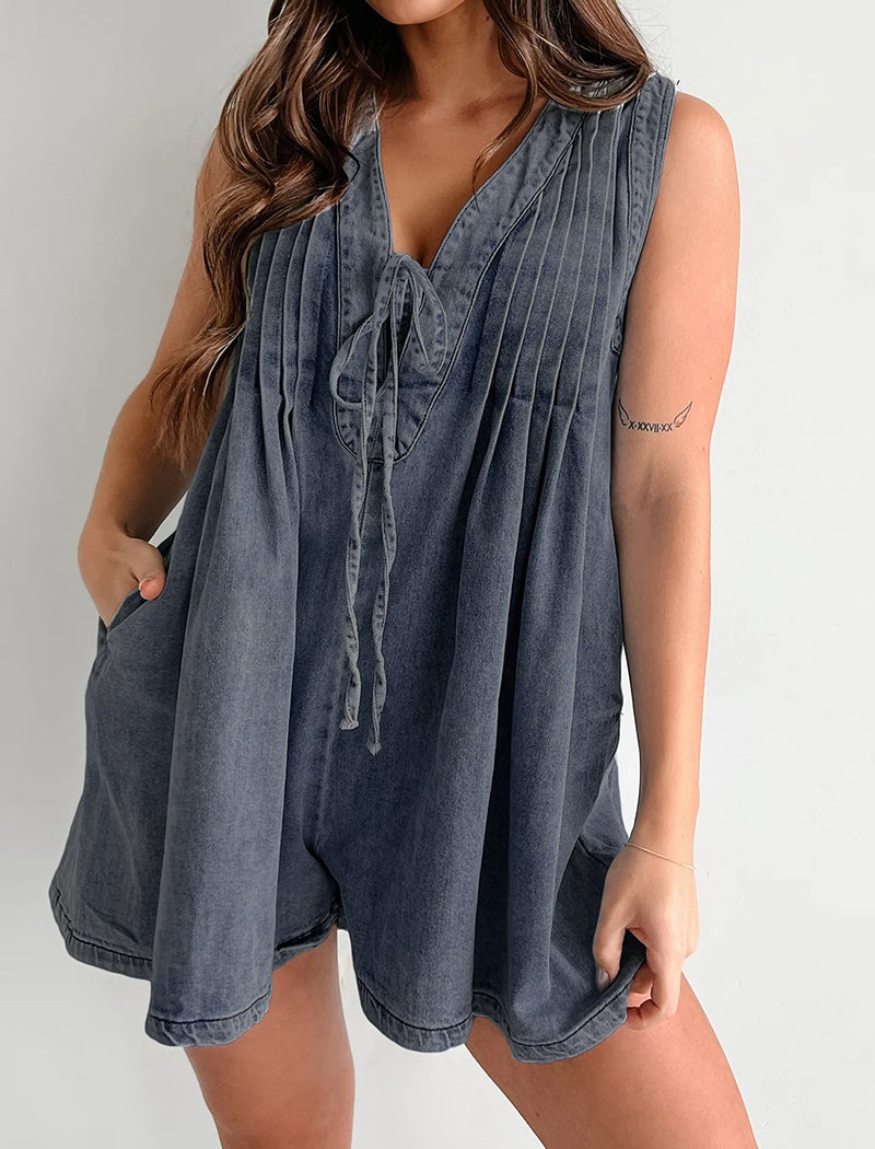 Sleeveless Tie-Front Denim Romper