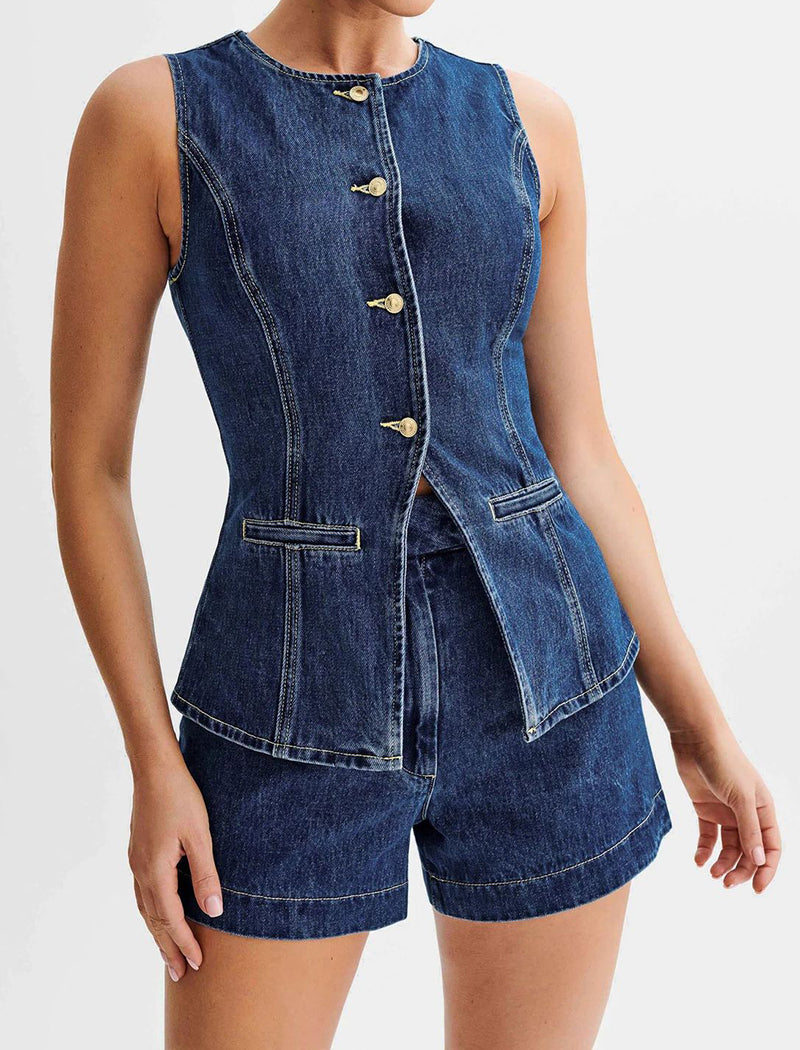 Button-Up Denim Vest and Shorts Set