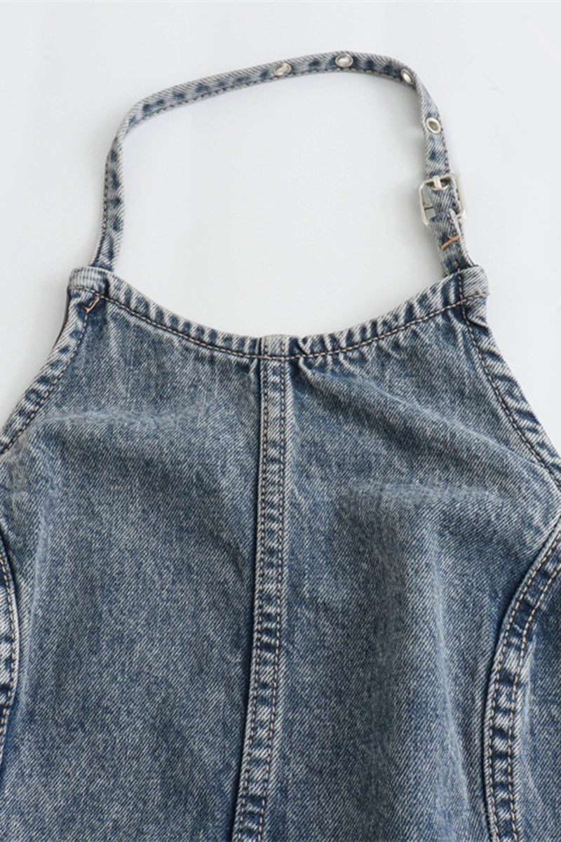 Denim Halter Backless Top