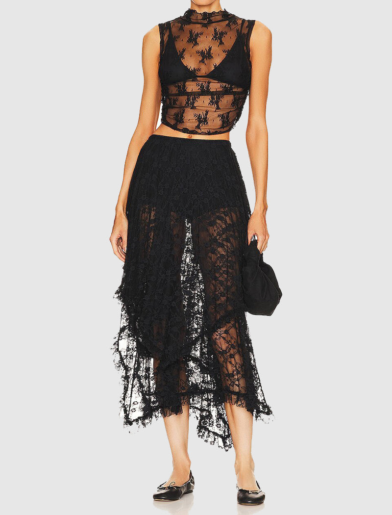 Asymmetrical  Lace Tiered Midi Skirt