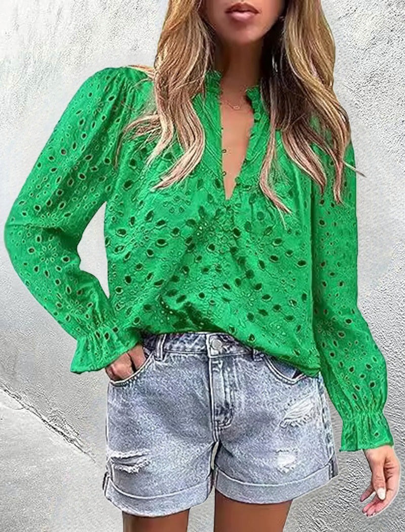 Bell Sleeve V-Neck Lace Top