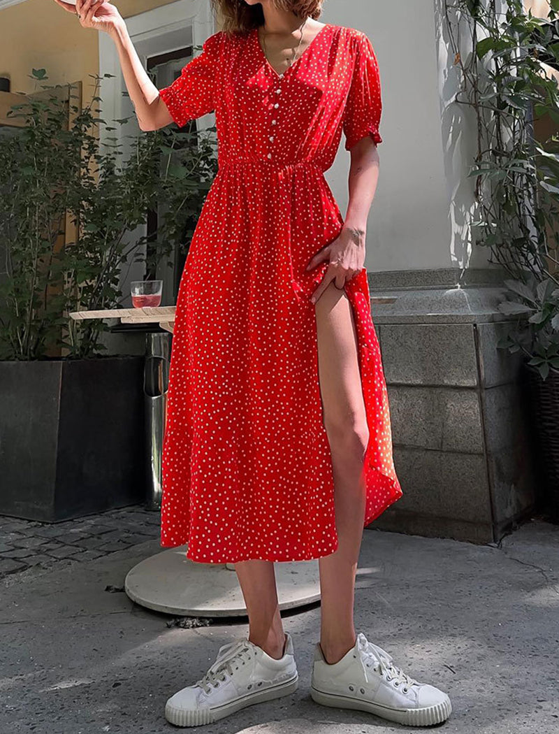 V-Neck Slit Polka Dot Dress