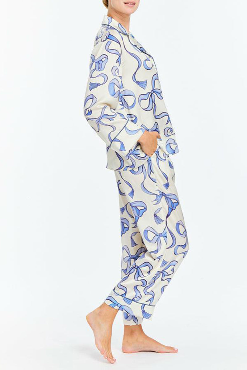 Ribbon Print Button-Up Pajama Set