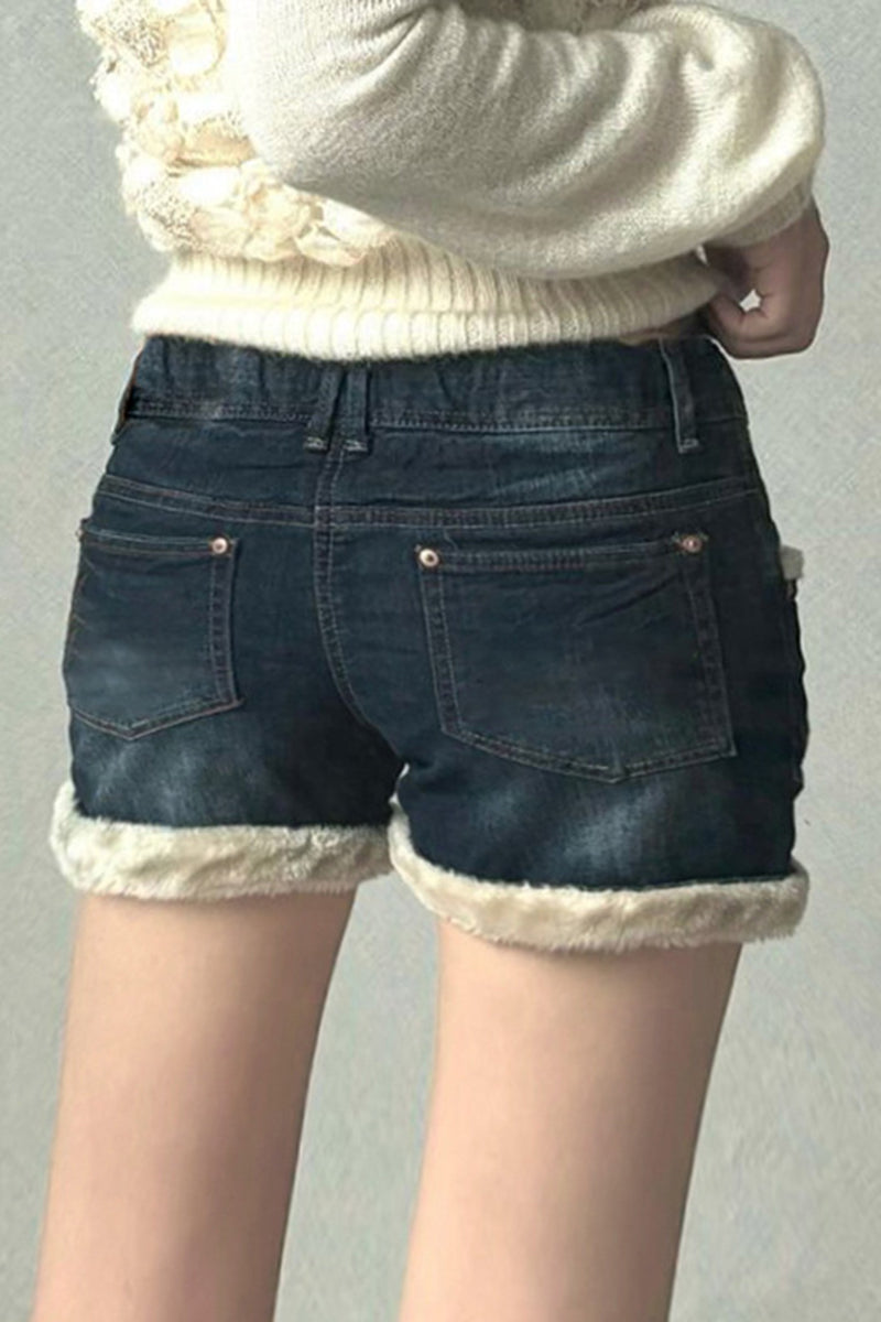 Faux Fur Trimmed Denim Shorts