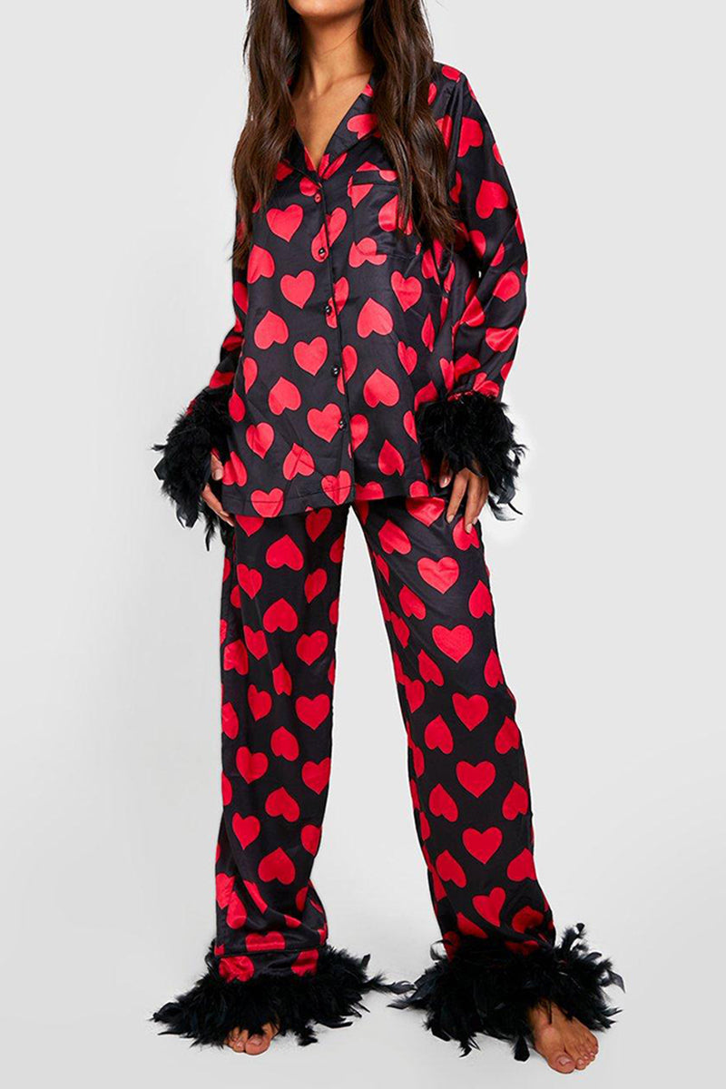 Feather Trim Heart Pajama Set