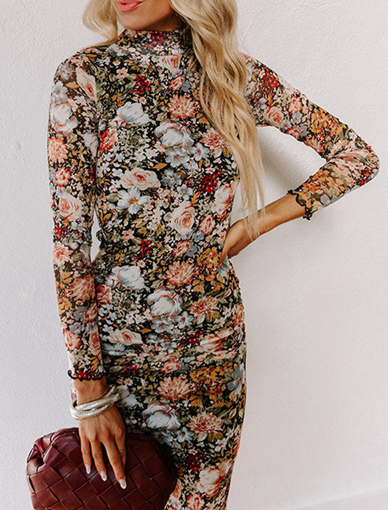 High Neck Floral Print Dress