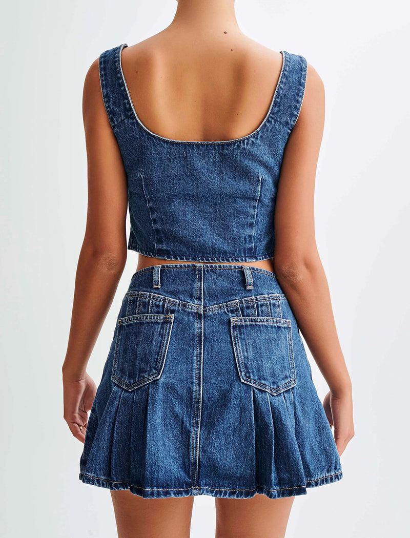 Tie-Front Denim Top with Mini Skirt Set