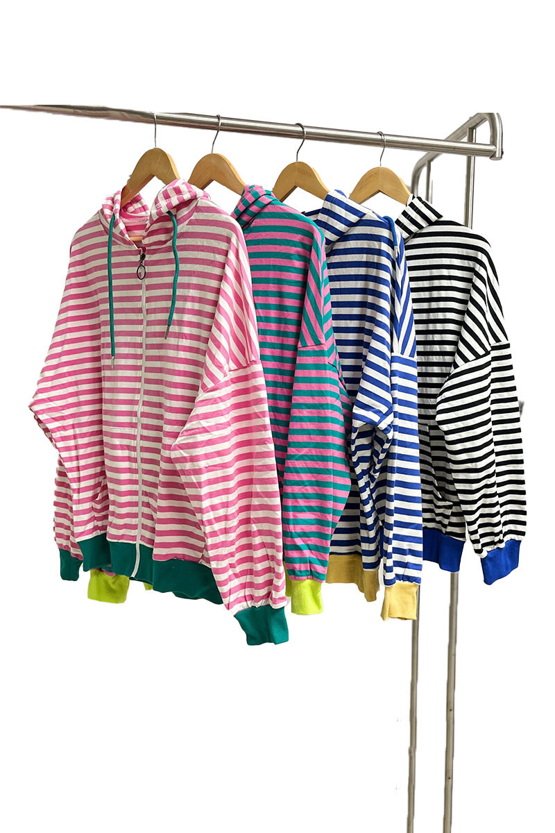 Striped Hooded Contrast Pocket Sweatshirt