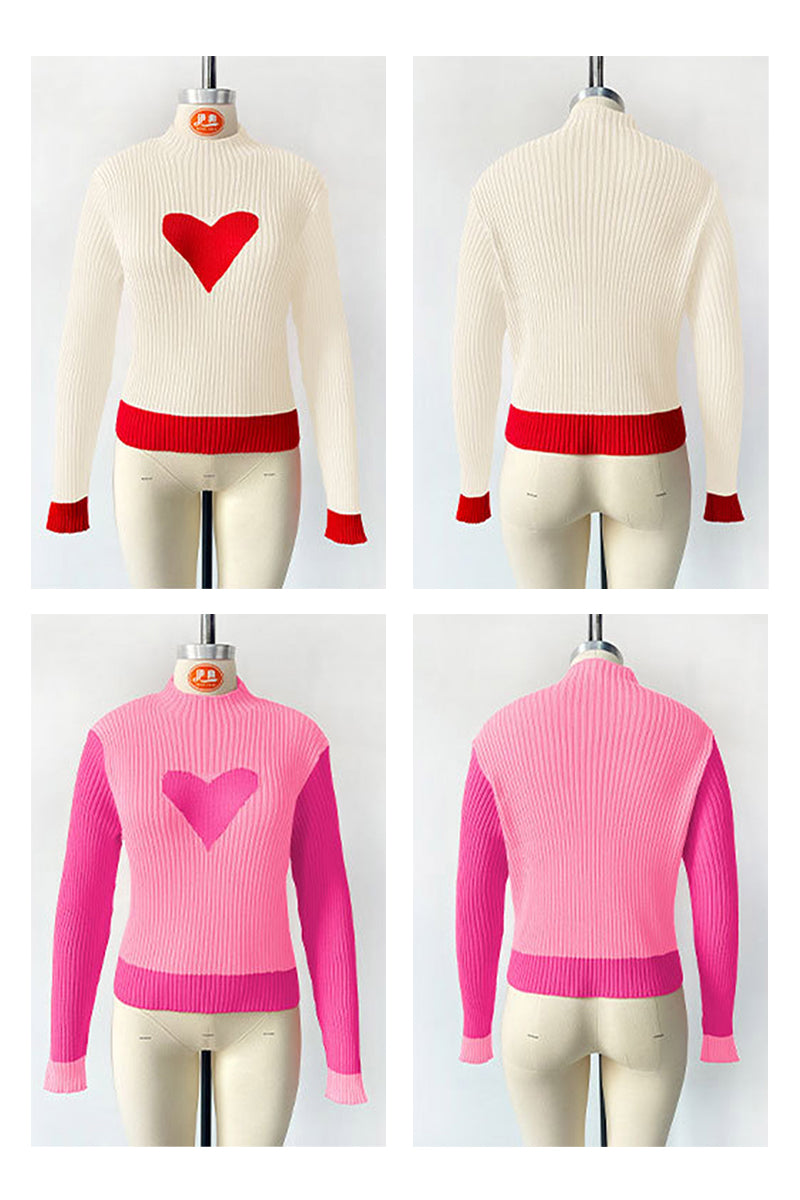 Heart Accent Ribbed Crewneck Sweater