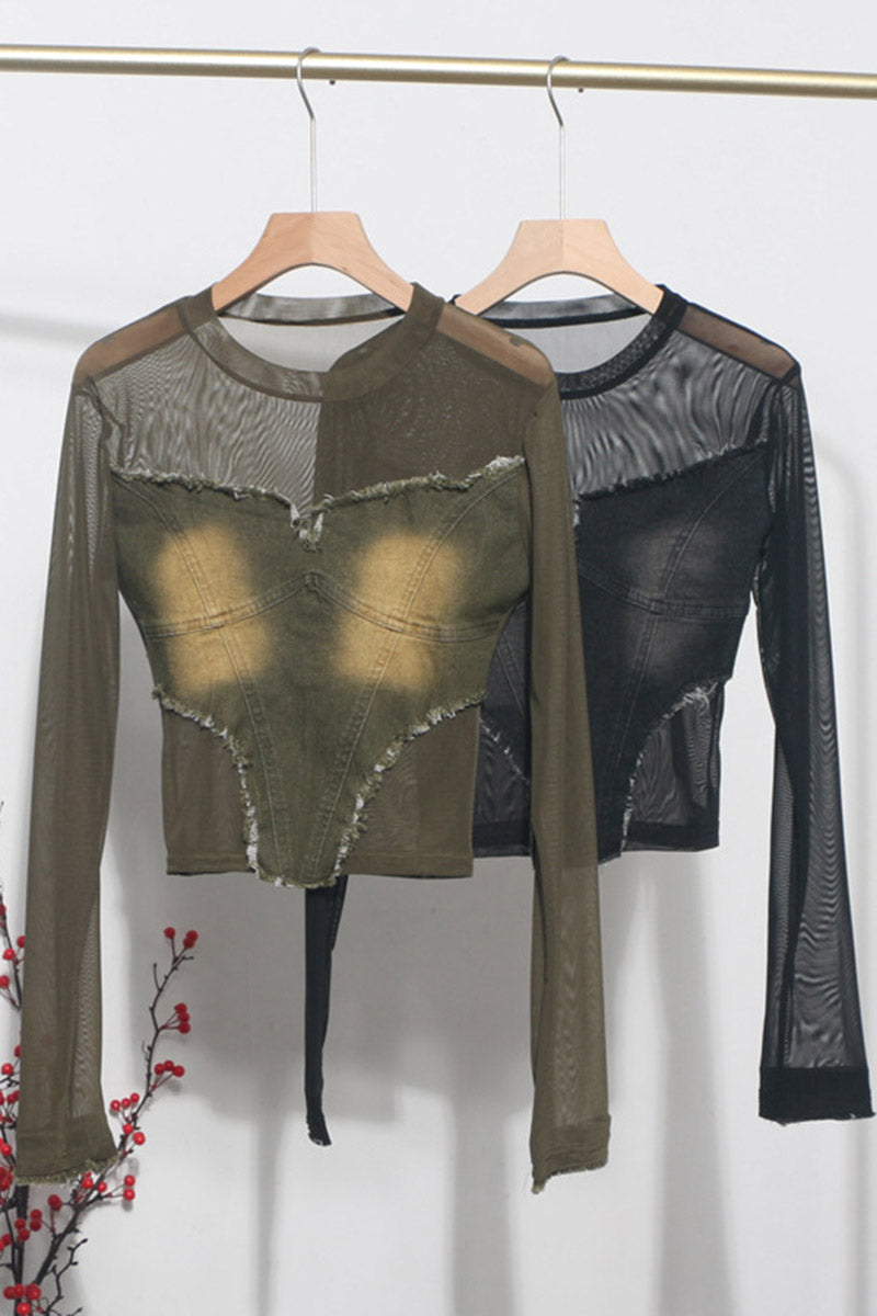 Distressed Mesh Sleeve Patchwork Top