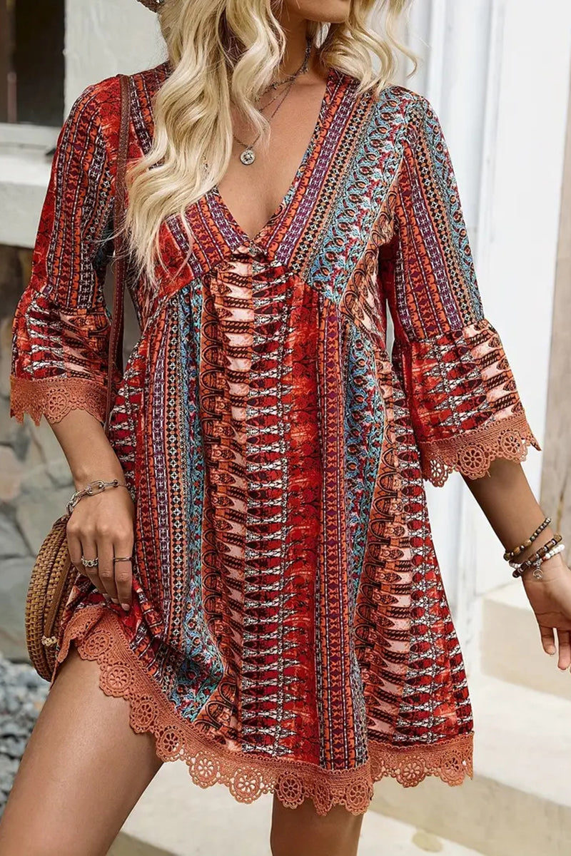 V-Neck Printed Casual Mini Dress