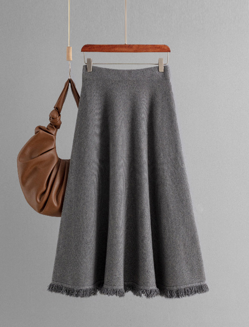 Fringed Hem A-line Midi Skirt