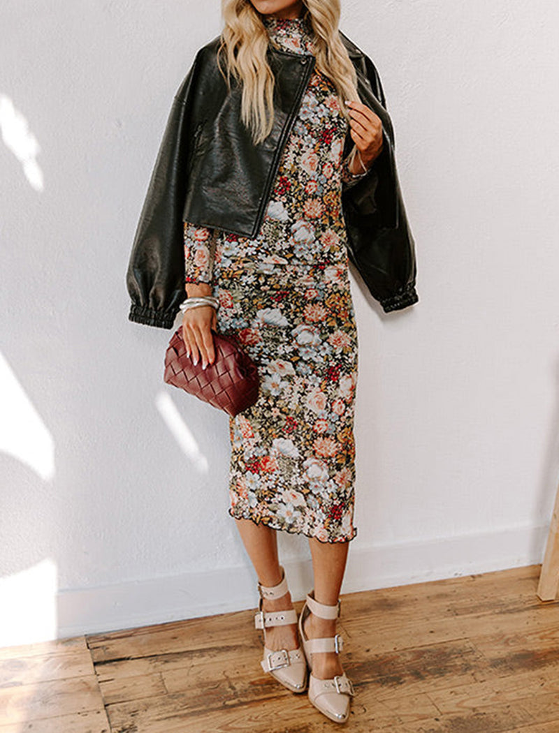 High Neck Floral Print Dress