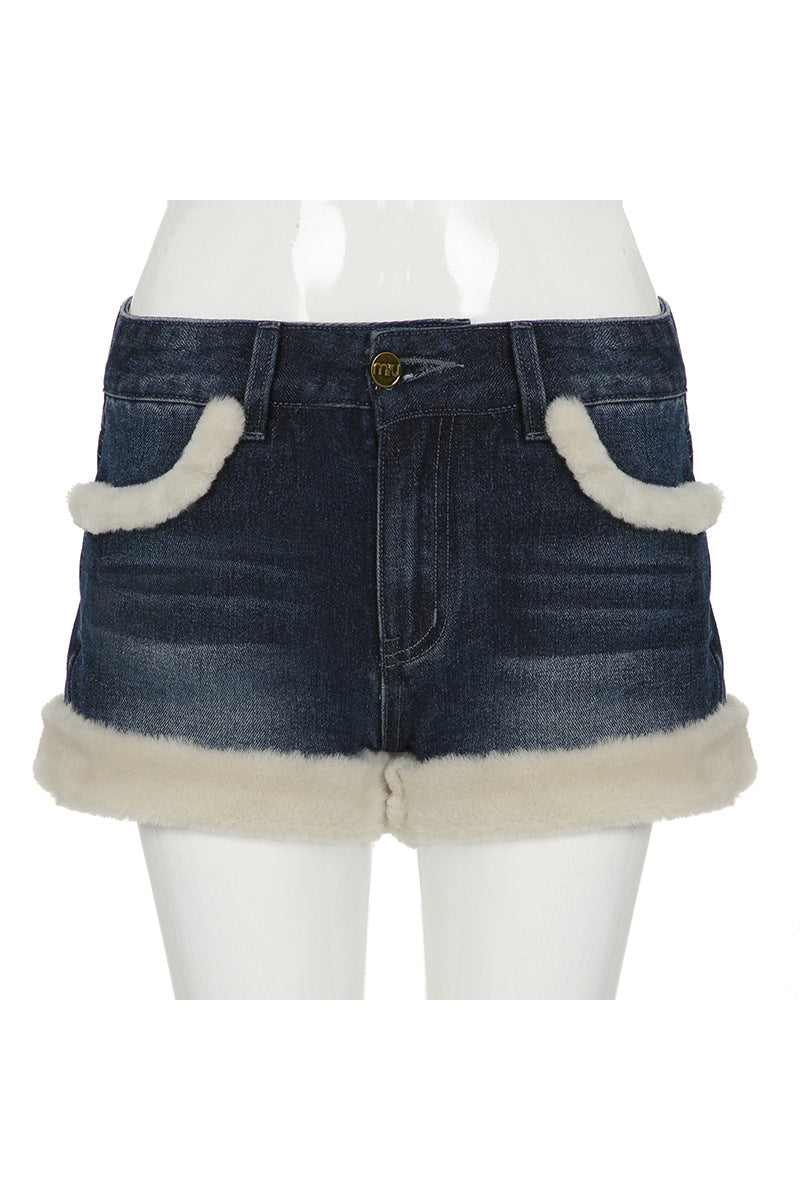 Faux Fur Trimmed Denim Shorts