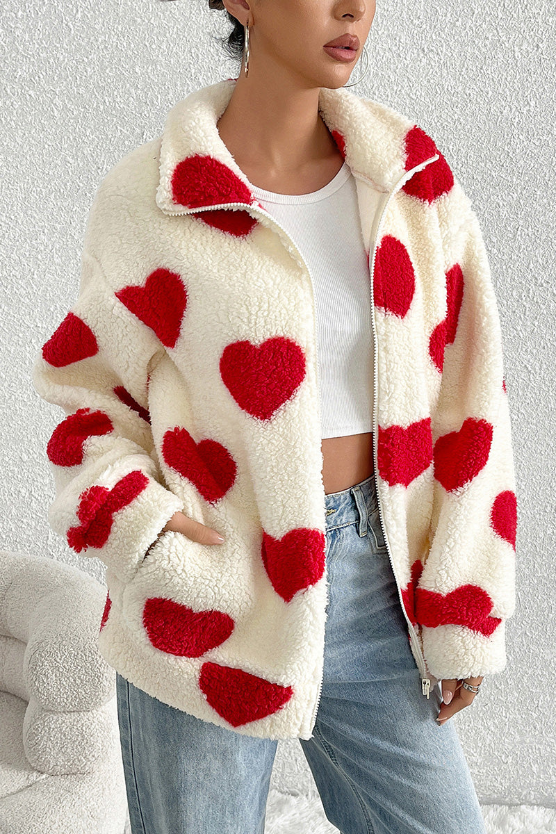 Heart Print Fleece Zip-Up Jacket