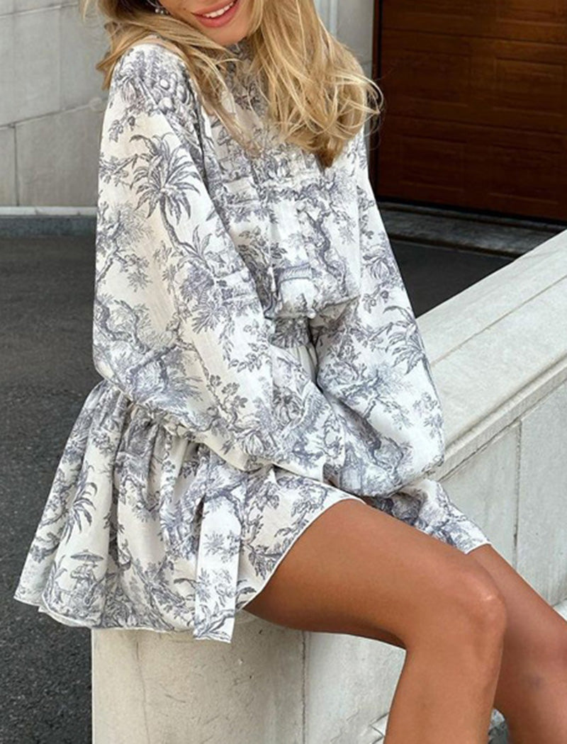 Printed Puff Sleeve Tie Mini Dress