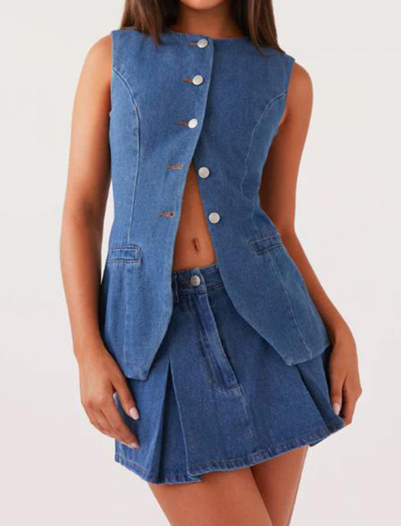 Sleeveless Buttoned Denim Skirt Set