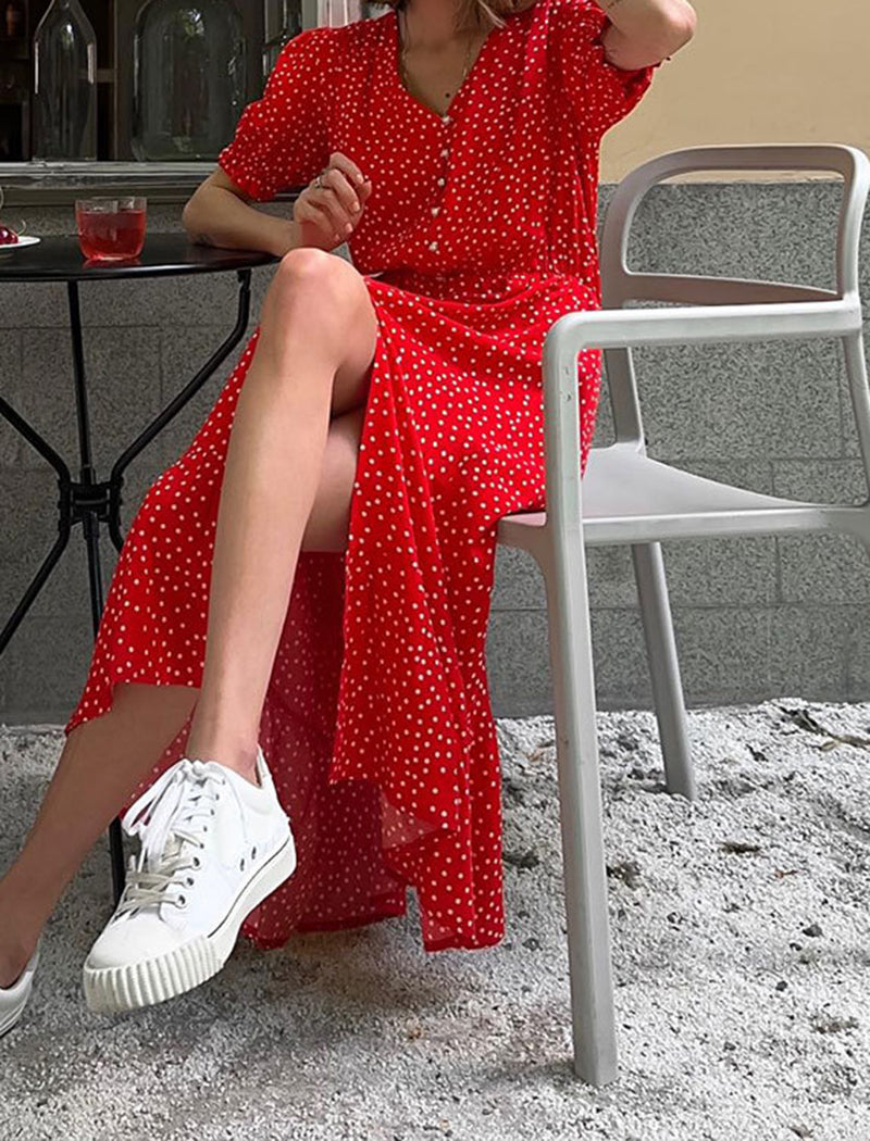 V-Neck Slit Polka Dot Dress