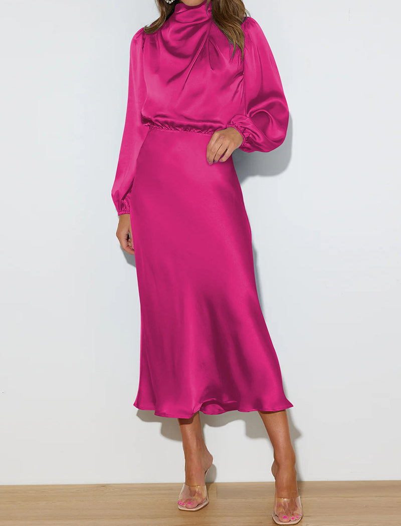 Satin Long Sleeve Midi Dress