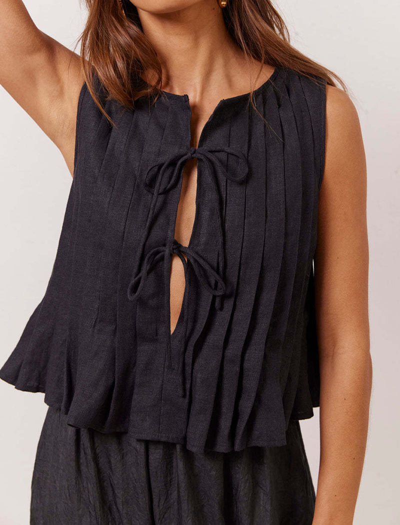 Sleeveless Pleated Tie-Front Top