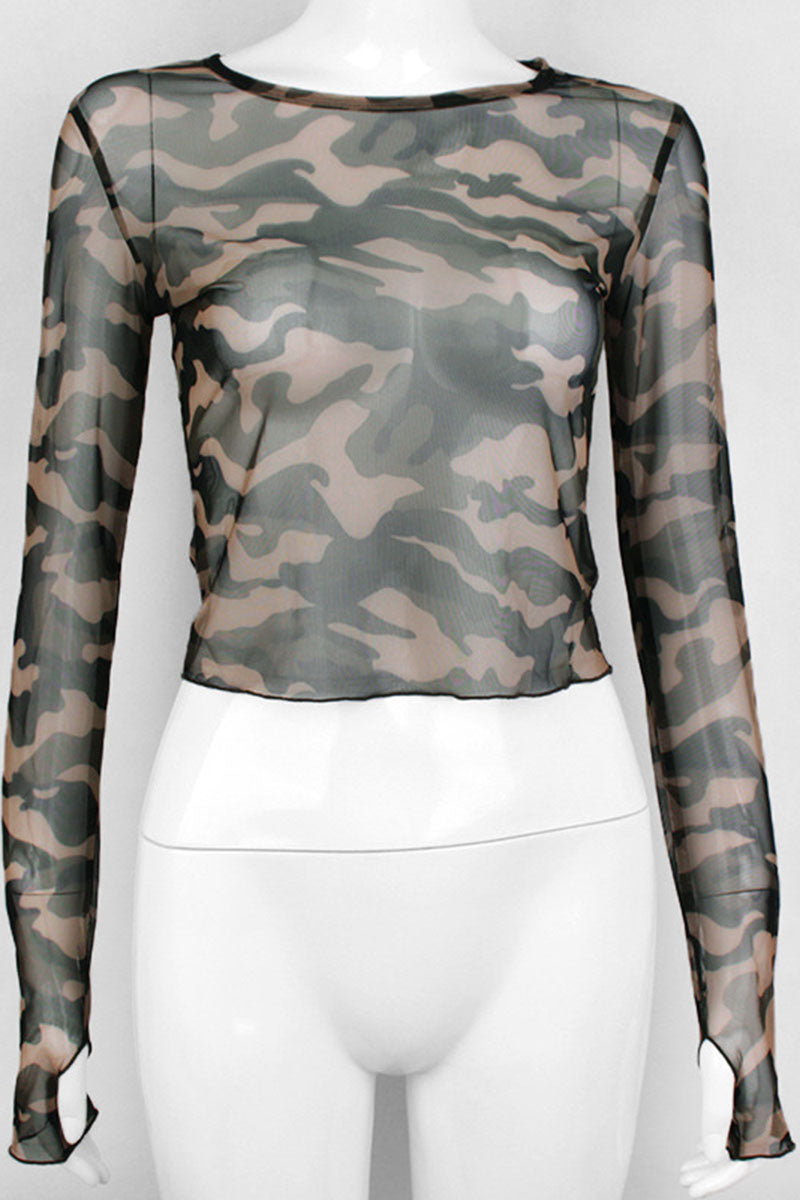 Camouflage Mesh Long Sleeve Top