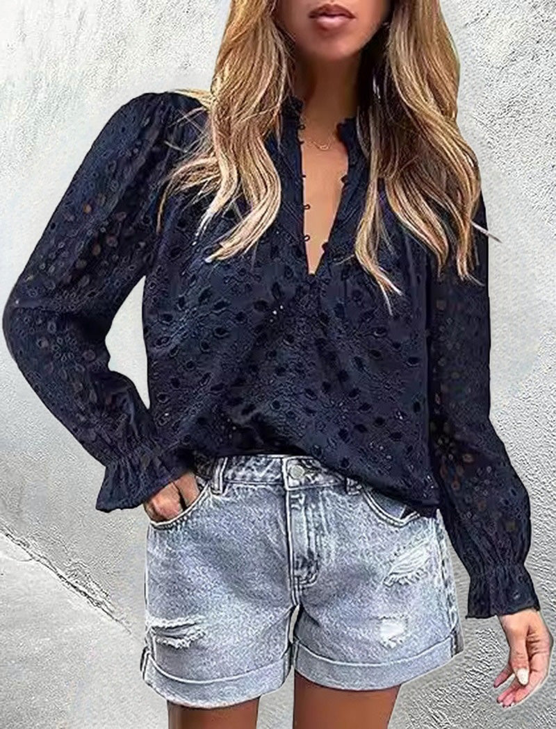 Bell Sleeve V-Neck Lace Top