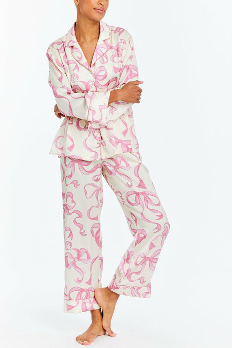 Ribbon Print Button-Up Pajama Set