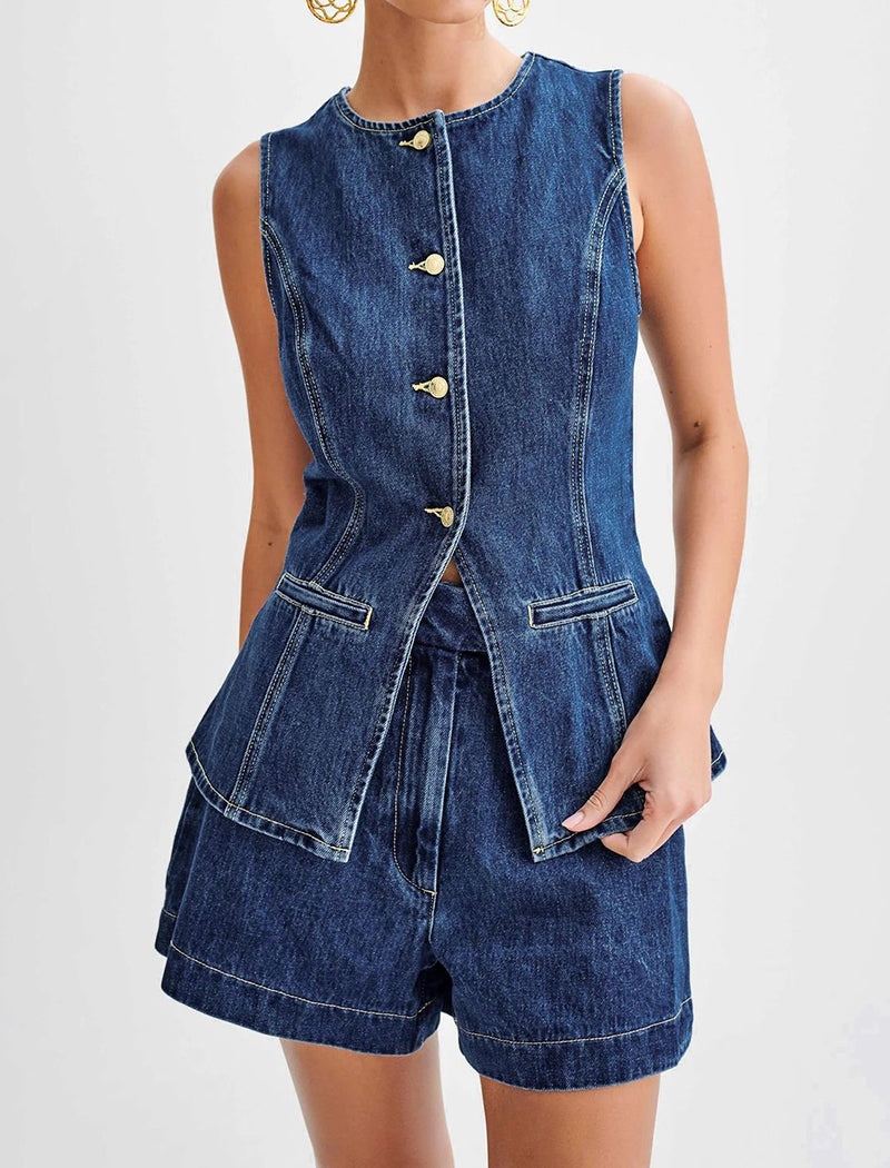 Button-Up Denim Vest and Shorts Set