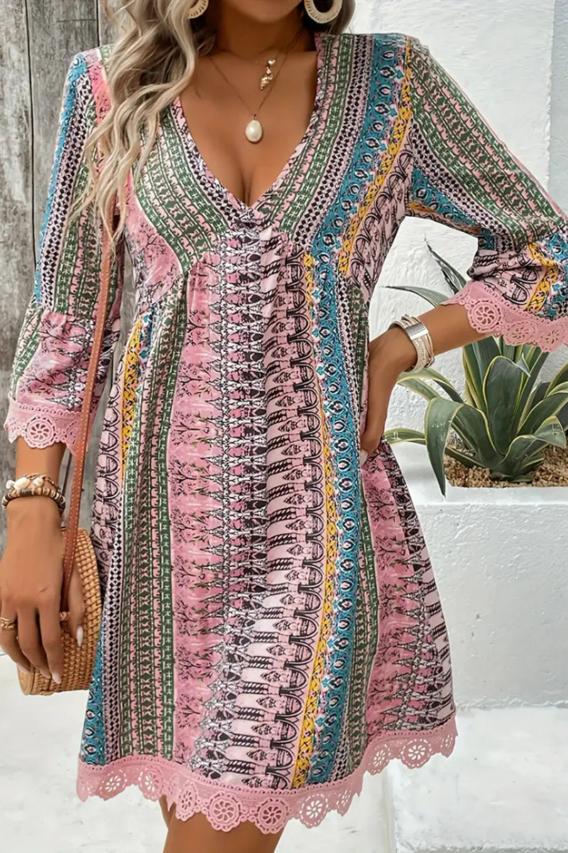 V-Neck Printed Casual Mini Dress