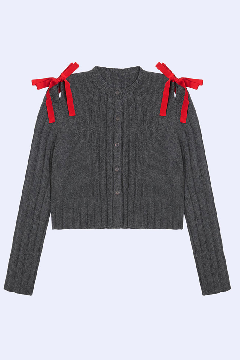 Ribbed Knit Cardigan with Bow Details