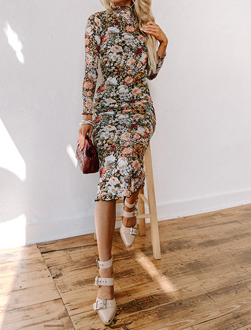 High Neck Floral Print Dress