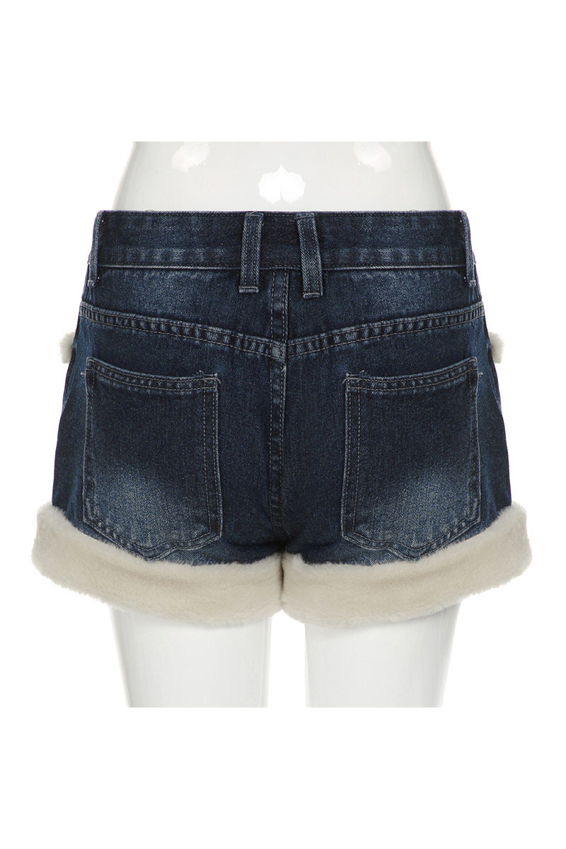 Faux Fur Trimmed Denim Shorts