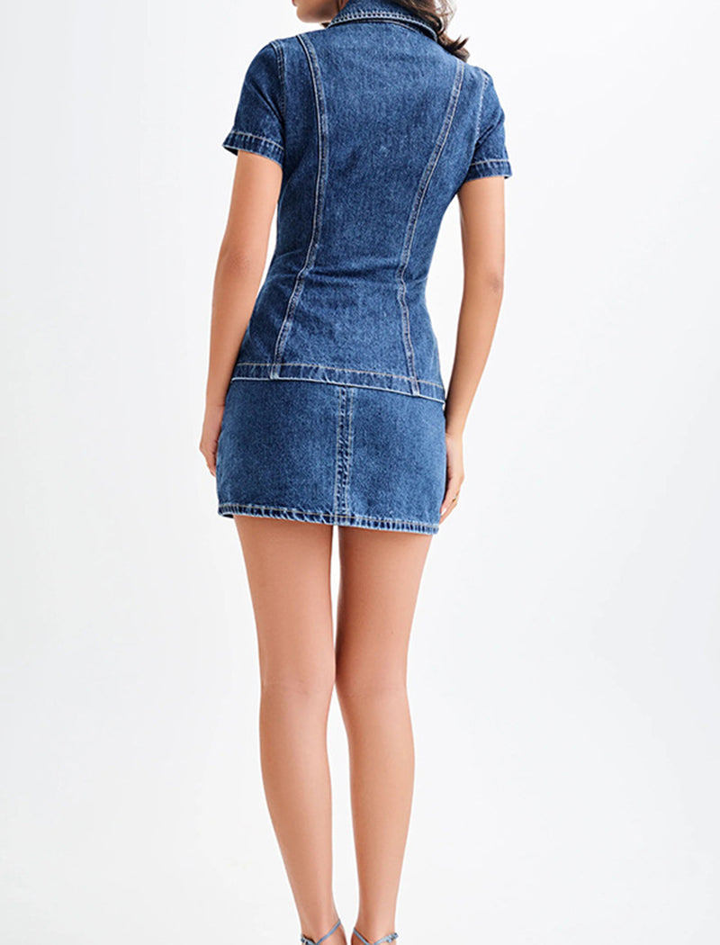 Short Sleeve Button-Up Denim Skirt Set