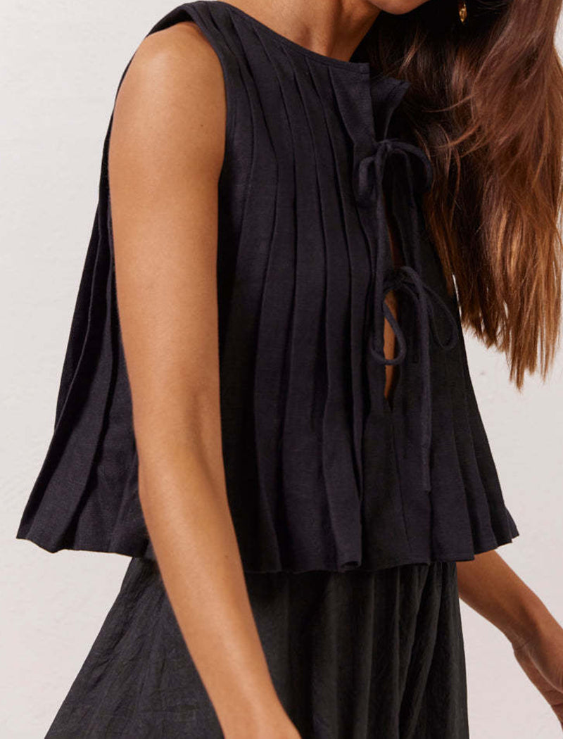 Sleeveless Pleated Tie-Front Top